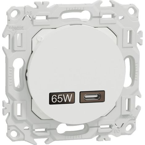 Schneider – Chargeur USB-C 65 W – Recharge rapide pour smartphones et tablettes – Intégration murale élégante – Design blanc craie
