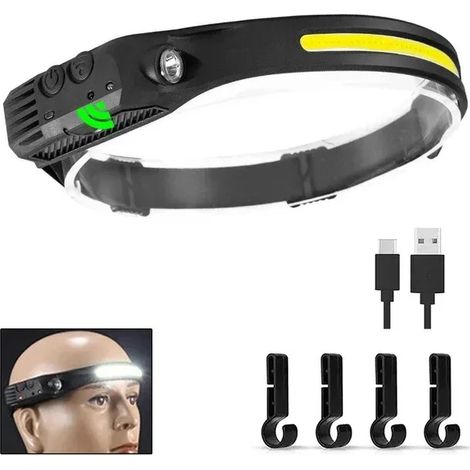 (1 pièce avec crochet) Lampe frontale LED rechargeable USB avec capteur COB, lampe de travail étanche pour la pêche et le camping. (1/5)