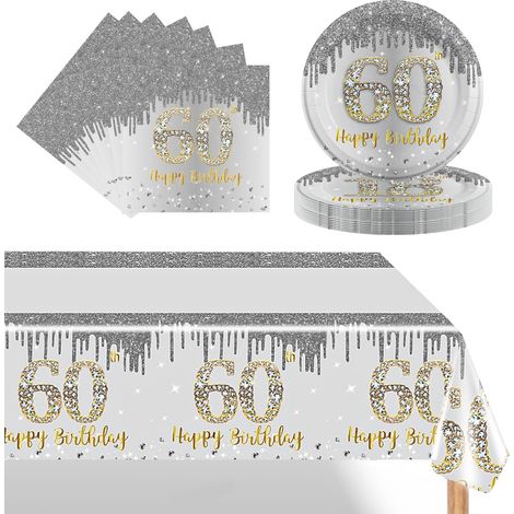 37 Pièces Assiette Vaisselle Jetable Anniversaire Kit,Argent Decoration Anniversaire Vaisselle 60 Ans Garçon Fille,Nappe Papier Assiette Serviette pour Decoration Anniversaire 60 Ans (1/5)