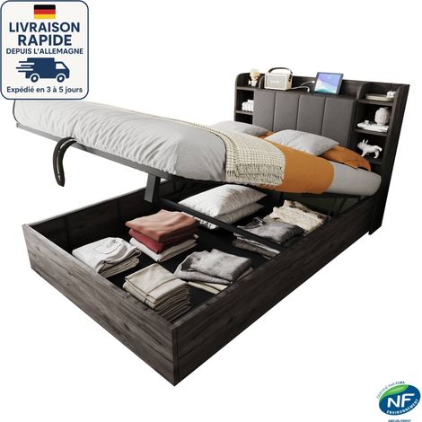 Letto contenitore 140 x 200 - Letto 140x200 Letto adulto + 1 rete - Testiera contenitore con porte USB e prese Tape-C - Legno certificato PEFC - Grigio (1/5)
