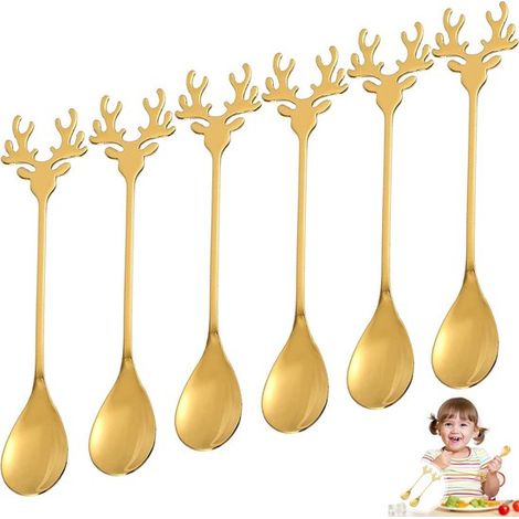 6 piezas Cuchara de café con forma de alce Cuchara de acero inoxidable Cuchara navideña Cuchara pequeña Cuchara creativa Cuchara p,6 piezas,acero (1/5)