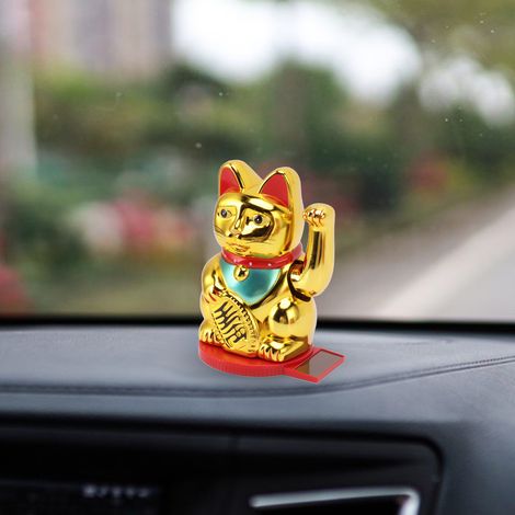 Estatua de gato de la suerte de 10 cm de altura, fabricada en plástico con función giratoria, panel solar y luz de inducción para decorar el hogar, la oficina, el restaurante y el hotel – Dorado (1/5)