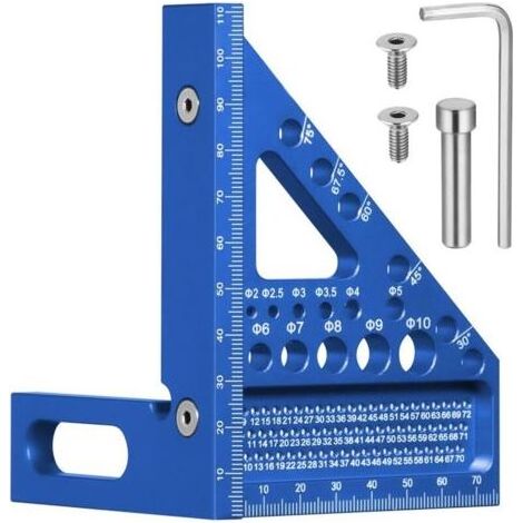 Équerre de charpentier multi-angles 3D avec goupilles cachées, 22,5-90°, alliage d'aluminium, avec gabarit de perçage pour 11 types de trous différents, bleu (1/4)