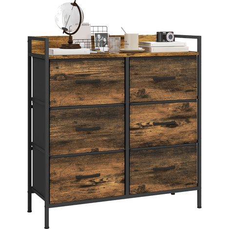 Commode de rangement 6 tiroirs en tissu non tissé avec cadre en acier effet bois d'acajou 79 x 29 x 85 cm pour chambre (1/5)