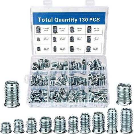 Kit de 130 écrous à visser en acier galvanisé – Inserts filetés M6/M8/M10 pour meubles en bois – Résistance à l'usure et à la rouille (1/5)