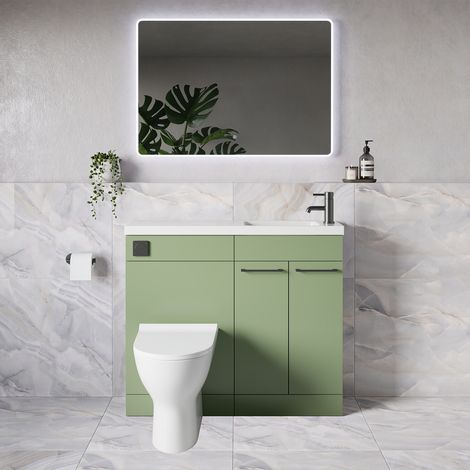 Napoli 250 Olive Green 1000mm 2 Door Vanity Unit Toilet Suite with Round Silvo Basin - 1000mm - Gunmetal Grey 160mm HandleWith Jubilee Toilet Pan and Seat