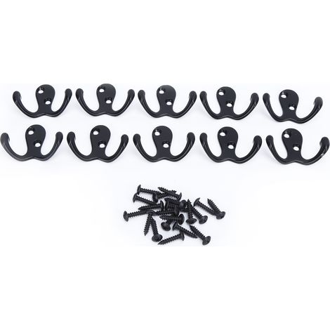 10Pcs Coat Hooks Small Double Prong AntiRust Sturdy Durable Convenient Wall Mounted Tiebacks for Coat Clothing Keys(Black ) (1/5)