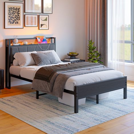 Letto 120x200 cm nero in MDF e metallo con LED, testiera contenitore, USB e presa