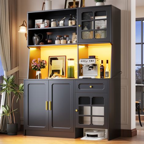 Küchenschrank (130x45x180 cm), mit Glastüren, LED-Beleuchtung und Stauraum für Staubsaugerroboter, MDF, Schwarz (1/5)