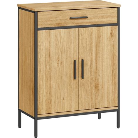 Meuble bas de salle de bain pour rangement avec tiroir et placard, style industriel aspect chêne et acier noir, 60x30x80 cm (1/5)