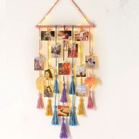 Ornement Accroche-Photos Lumineux - Bois et Fil de Coton - Longueur 90 cm - Pour Décoration Murale ou Rangement de Photos - 1 Pièce (1/4)