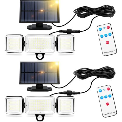 Lot de 2 lampes solaires d'extérieur avec détecteur de mouvement, 224 LED, 1600 lumens, câble de 5 m, 4 modes, avec télécommande, pour jardin, voiture, terrasse, terrasse (1/5)