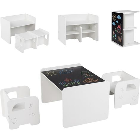 3 Pieces Kids Table and Chair Set with Space-saving Toddler Table and 2 Chairs-White (1/5)