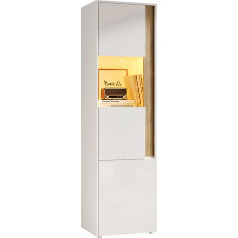 ELVMI Vitrina Alta con 2 Puertas, 1 de Acrílico y LED Ajustable, para Salón Oficina Cocina, Blanco Natural, 50 x 40 x 179 cm (1/5)