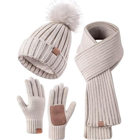 Ensemble bonnet, écharpe et gants d'hiver, comprenant un bonnet à pompon, un cache-cou et des gants compatibles avec les écrans tactiles (Ensemble de trois pièces)