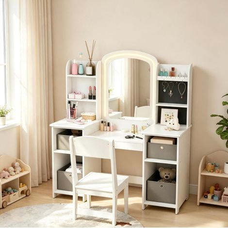Tocador infantil blanco con espejo LED, almacenaje y silla, 3-8 años OKMYHOME (1/5)