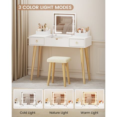 Rattantree - Coiffeuse avec Miroir LED Réglable - 78x40x100cm - Table de Maquillage avec Chaise - 2 Tiroirs de Rangement, - Avec Tabouret - Style Moderne - Blanc