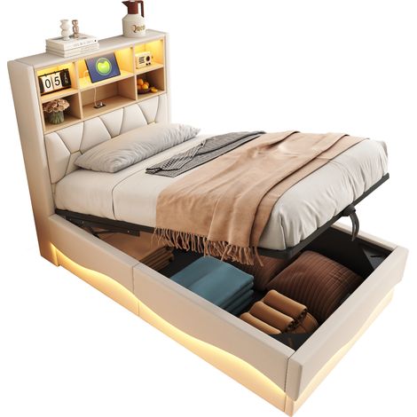Kinderbett 90x200 cm aus Metall mit hydraulischem Stauraum, LED und USB, ohne Matratze, Beige (1/5)