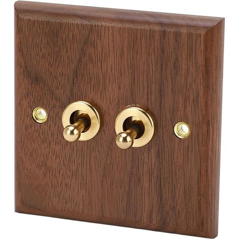 86×88mm 10A 50Hz 250V Double Plaque Panneau Interrupteur Mural en Noyer Rétro Interrupteur à Bascule, Bois Levier en Laiton Éclairage Interrupteur pour Chambre à Coucher Cuisine Maison (1/5)