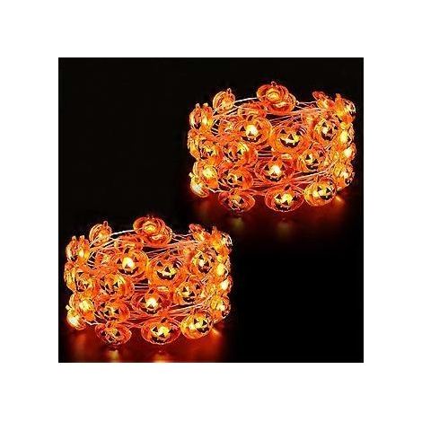 Guirlande lumineuse citrouille d'Halloween SZTXJ, lot de 2 guirlandes de 4,5 m (14,7 pieds) avec 30 LED, étanches, à piles, orange, pour intérieur/extérieur, mariage, chambre. (1/5)