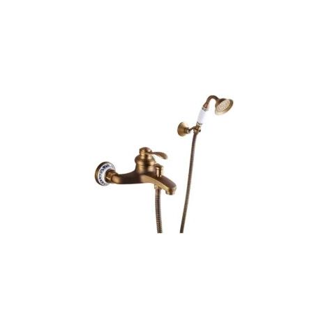 Badewannenarmatur – Duscharmatur mit Handbrause, Einhebel-Badewannenmischer aus Messing, Wandmontage mit Halterung und 1,5 m Schlauch, für Badezimmer, Antikmessing-Finish – Crezuo