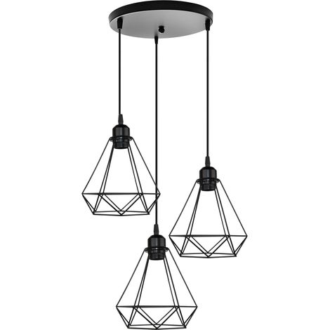 E27 Lustre Suspension Industriel Lampe de Suspension Forme Diamant Fer pour Chambre Salon Bar Noir Longueur de Base 30CM (1/5)