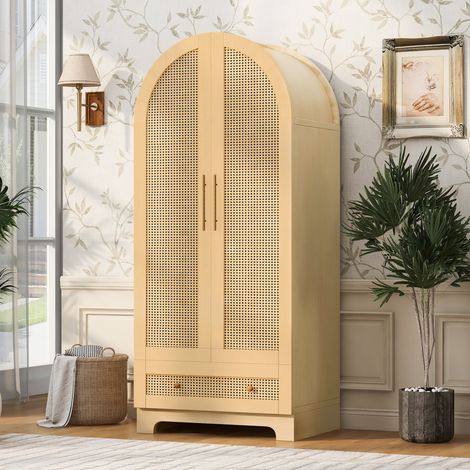 Armario de 70 x 55 x 170 cm con 2 puertas, 2 cajones, efecto ratán, color madera OKMYHOME (1/5)