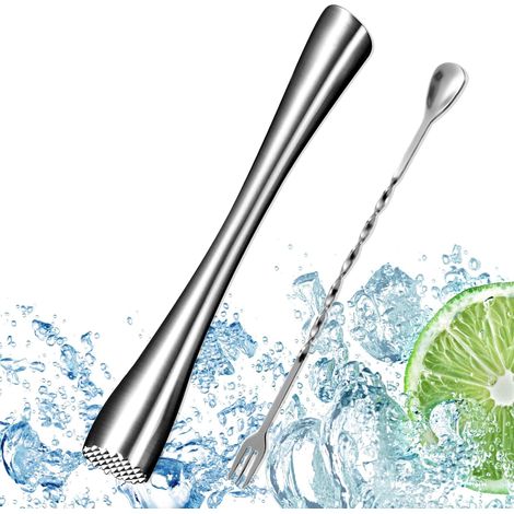 Pilon à cocktail en acier inoxydable avec cuillère à cocktail, pilon à mojito, pilon à glace, pilon à cocktail, 26 cm-AquaForge