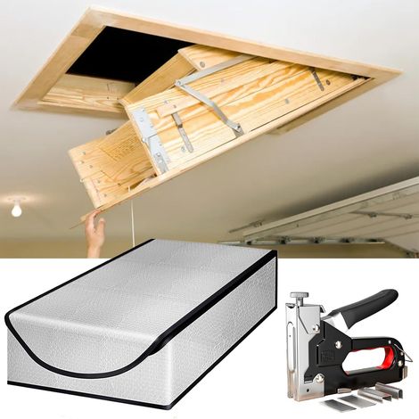 Couverture d'isolation pour escaliers de grenier avec pistolet à clous, 138 x 64 x 28 cm Déflecteur de vent pour échelle de loft, Couverture d'isolation d'échelle de grenier Ignifuge Tente (1/5)