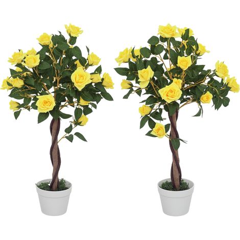 Set of 2 Artificial Plants White Rose Floral in Pot, Fake Plants for Home Indoor Decor, 90cm, Yellow (1/5)