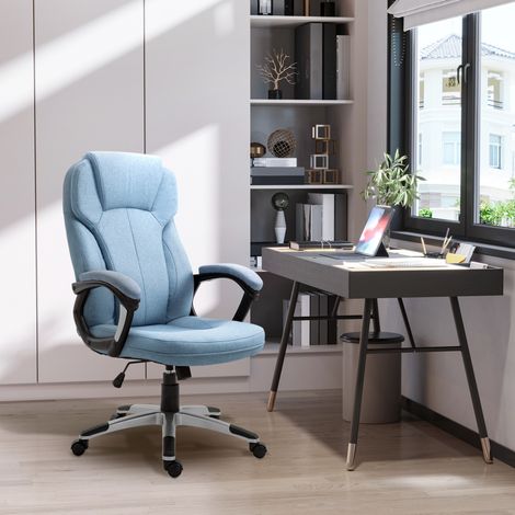 Sedia da ufficio ergonomica in lino azzurro, schienale alto, girevole 360°, H 110-120 cm (1/5)