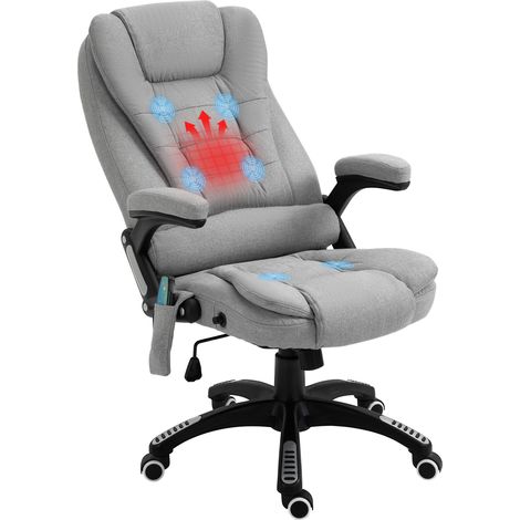 Massage Office Chair with Lumbar Heating, Linen Fabric Executive Computer Desk Chair with High Reclining Back, Tilt Function, Adjustable Height, Padded Armrests, Light Grey (1/5)