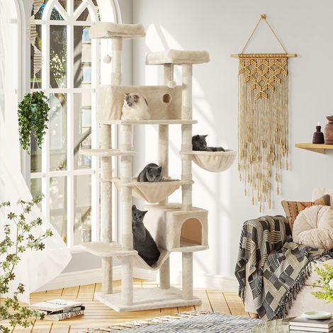 Msmask – Arbre à chat XXL 193 cm – 2 niches, 2 plateformes, hamac – Stable et robuste – Griffoirs en sisal naturel – Beige