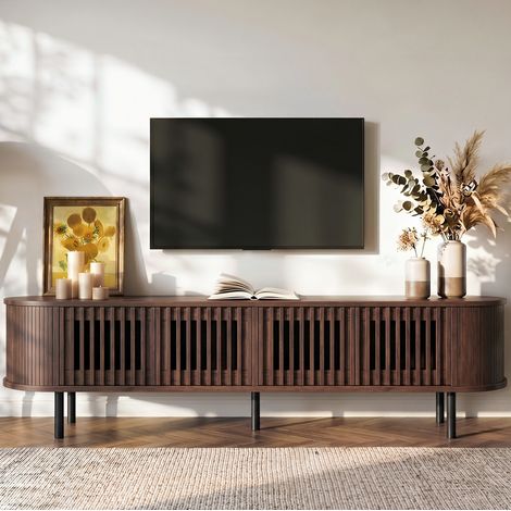 Mobile porta TV 178x39,5x49,5 cm, 4 ante a doghe, sistema di gestione cavi, cerniere con chiusura ammortizzata, MDF noce, gambe in metallo. (1/5)