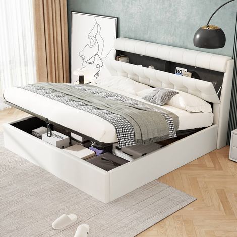 Lit capitonné 160x200 cm hydraulique, tête de lit avec tablette cachée, coffre et sommier inclus, blanc, sans matelas (1/5)