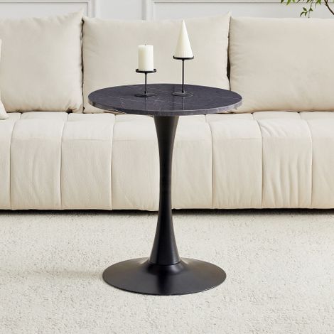 Runder 60cm Beistelltisch / kleiner Esstisch aus MDF: Tischplatte mit hochwertiger Thermoform-Technologie, schwarze Marmor-Optik, schwarzer Stützfuß – perfekt für europäische Wohnräume.