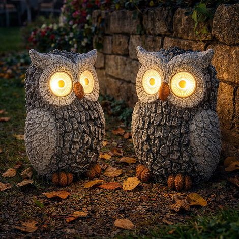 Scultura da giardino gufo solare per esterni decorazione da giardino scultura figura grigia batteria, plastica, 2x LED 3000K, LxPxA 13,5x11,5x19,5 cm, set di 2