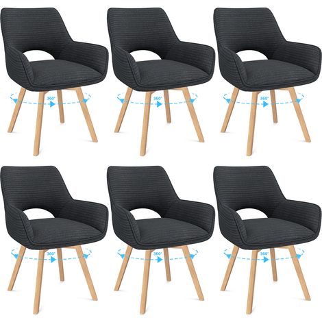 LEWE Lot de 6 Chaises de Salle à Manger, Fauteuil Pivotantes avec Accoudoirs,Rembourrées avec Dossier en Velours,Bois Pied,Noir (1/5)