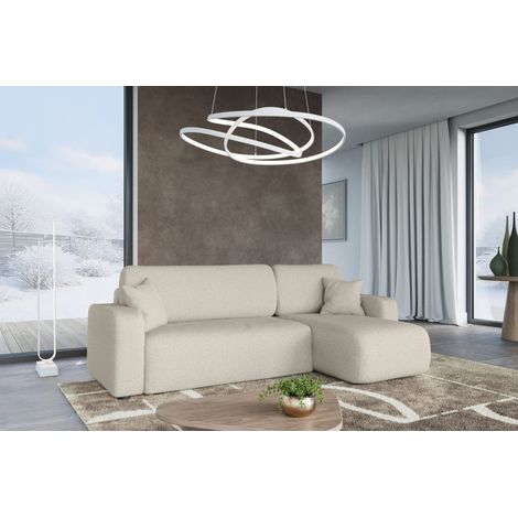 Divano ad angolo trasformabile in tessuto boucle beige PIANO L con vano contenitore e sistema di apertura rapido (1/5)