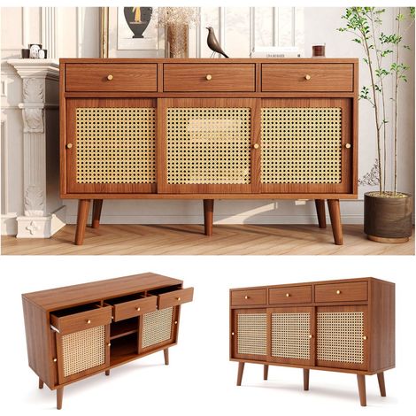 Buffet 120 x 40 x 78 cm - Sideboard 3 Tiroirs et 3 Portes Coulissantes - Pieds en Bois Massif - Style Rétro Chic - Noyer (1/5)