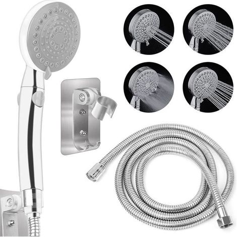 Kit pommeau de douche haute pression 4 réglages de jet avec interrupteur avec tuyau de douche amovible 2 m et support réglable (1/4)