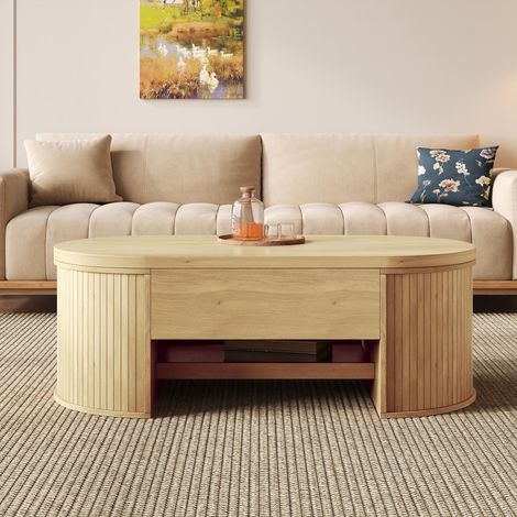 Table basse relevable, table de salon avec plateau relevable et étagère coulissante, style scandinave avec rangement caché 110x55.5x40cm, Naturel (1/5)