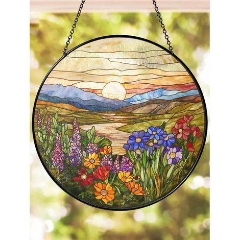 Buntglas-Sonnenfänger mit Wildblumen- und Bergmotiv, 9 cm, naturnahe Fensterdekoration (1/5)