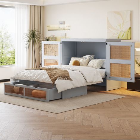 Letto a scomparsa 140x200 cm grigio in legno con ante effetto rattan e cassetti (1/5)