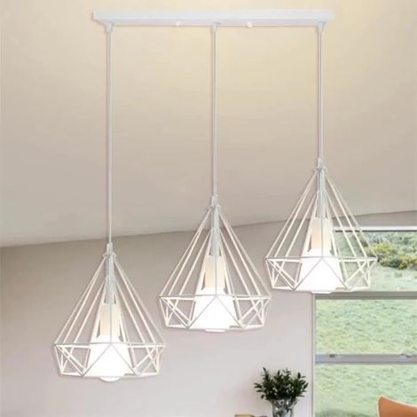 U-Do 3 Têtes Lustre Longue pôle Suspension Luminaire Réglable Lampe Cage en Métal Blanc pour Chambre Bureau (1/4)