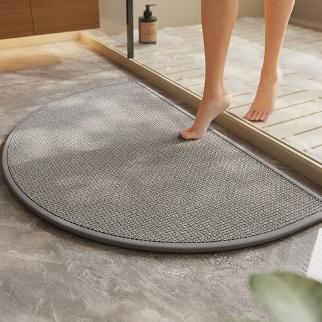 BBPETOPE Tapis de bain demi‑circulaire gris tissé aspect lin, tapis absorbant antidérapant pour salle de bain, séchage rapide (1/2)