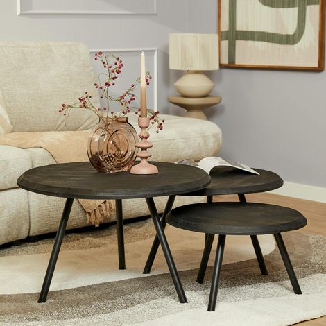 Table basse gigogne bois noir pieds compas (lot de 3) ALMA (1/5)
