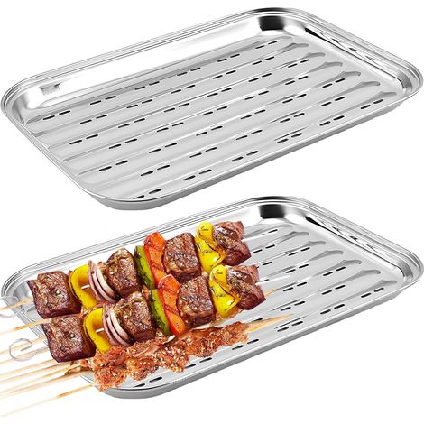 Lot de 2 Grilles Barbecue en Acier Inox (34,9 x 24,5 x 2,7 cm), réutilisables pour barbecue à gaz, paniers à légumes, poissons et viandes