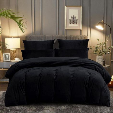 Bettwäsche-Set 220x240cm Schwarz Flauschig Warm Kuschelig mit 2 Kissenbezügen