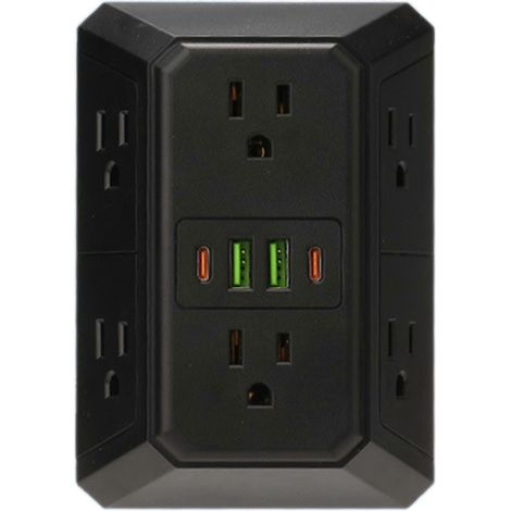 Multiprise parafoudre avec 6 prises, 2 ports USB et 2 ports USB-C, adaptateur mural pour la maison ou une résidence étudiante (noir) (1/5)